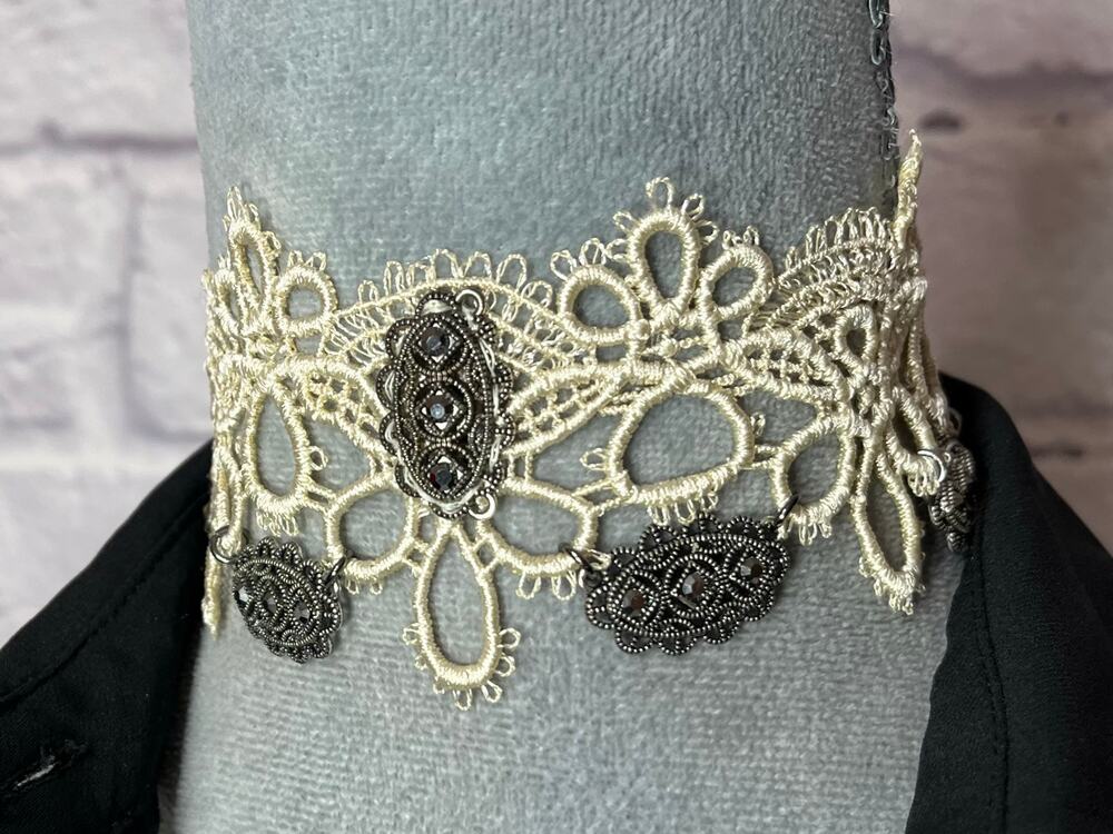 Handmade Victorian Style Lace Choker with Upcycled Vintage Necklace Charms